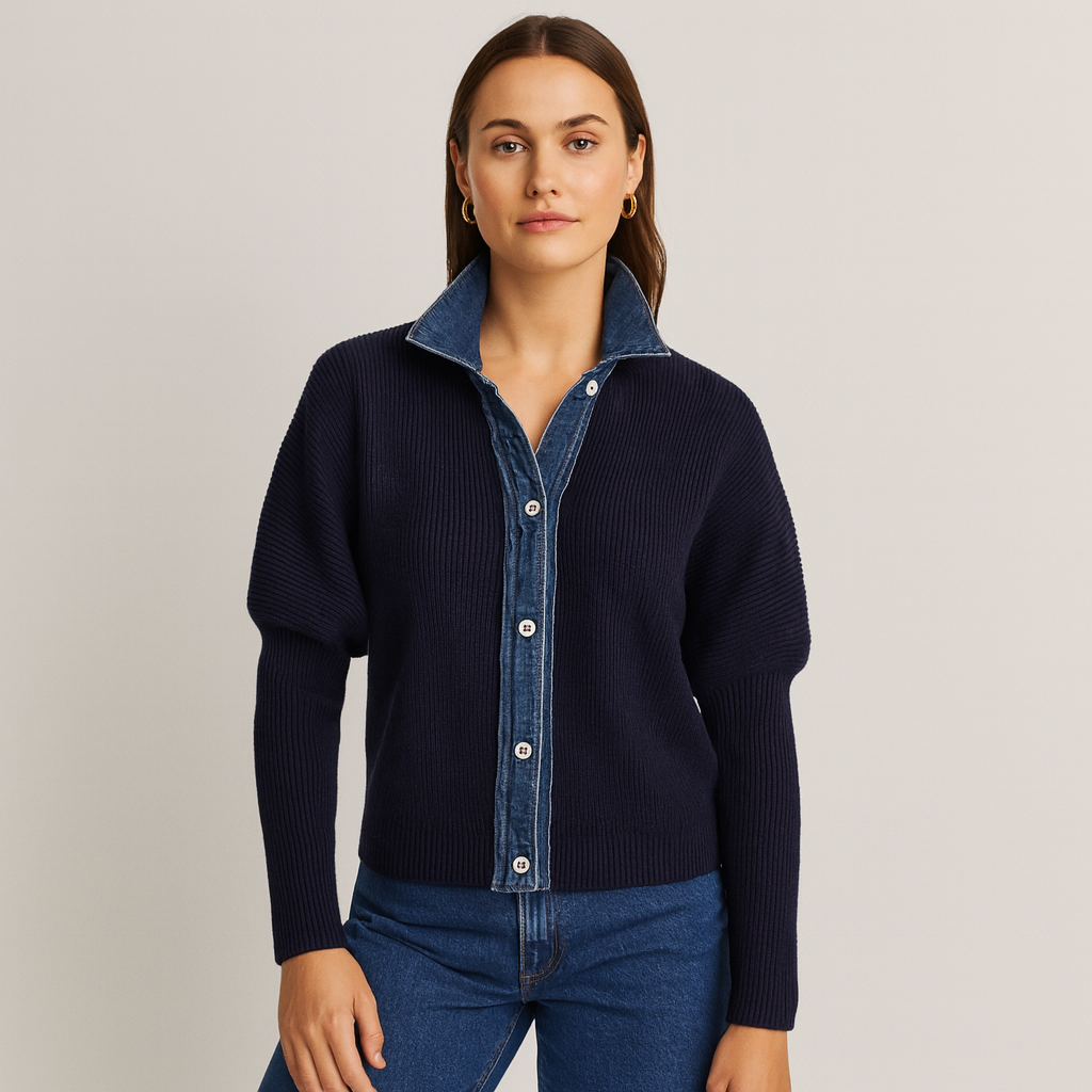 Montavien | Navy Cardigan in Knit with Denim Finish
